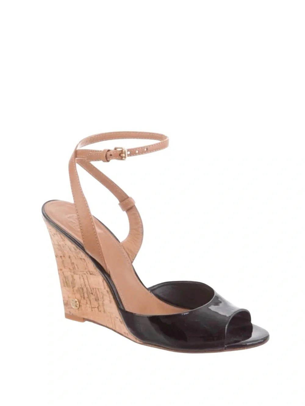 Tory Burch Ashton Black Patent‎ Leather Cork Wedge Peep Toe Heels Size 8